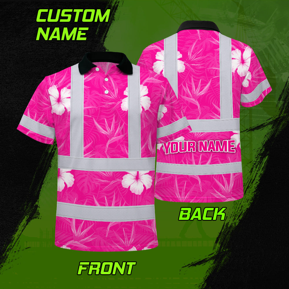 Hi Vis Polo Shirt Reflective Tapes Pink Neon Flowers Custom Name Safety Workwear For Workers, Truckers, Operators