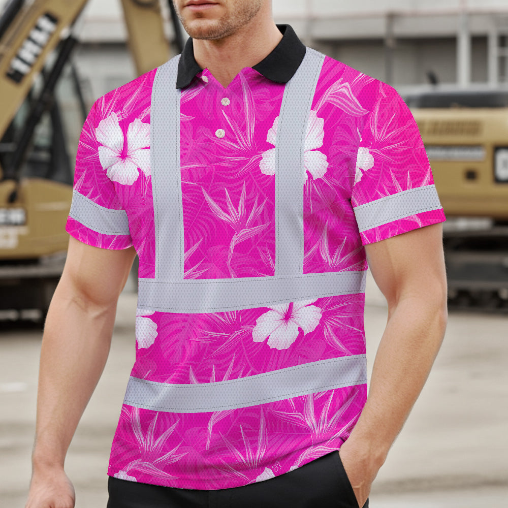 Hi Vis Polo Shirt Reflective Tapes Pink Neon Flowers Custom Name Safety Workwear For Workers, Truckers, Operators