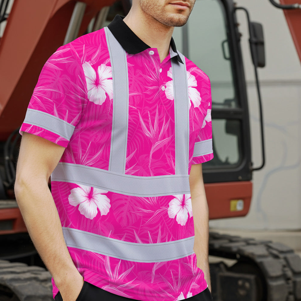 Hi Vis Polo Shirt Reflective Tapes Pink Neon Flowers Custom Name Safety Workwear For Workers, Truckers, Operators