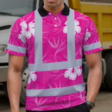 Hi Vis Polo Shirt Reflective Tapes Pink Neon Flowers Custom Name Safety Workwear For Workers, Truckers, Operators