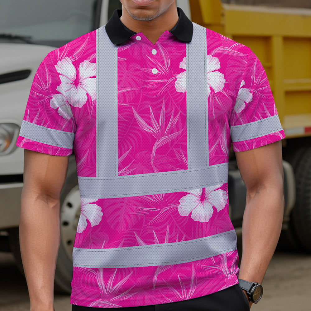 Hi Vis Polo Shirt Reflective Tapes Pink Neon Flowers Custom Name Safety Workwear For Workers, Truckers, Operators