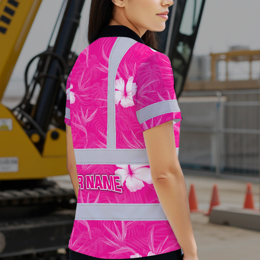 Hi Vis Polo Shirt Reflective Tapes Pink Neon Flowers Custom Name Safety Workwear For Workers, Truckers, Operators