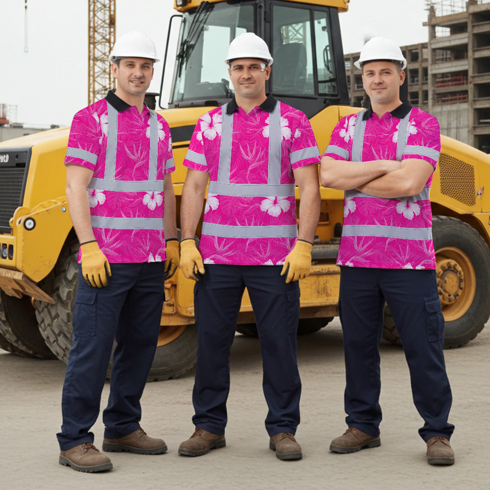 Hi Vis Polo Shirt Reflective Tapes Pink Neon Flowers Custom Name Safety Workwear For Workers, Truckers, Operators