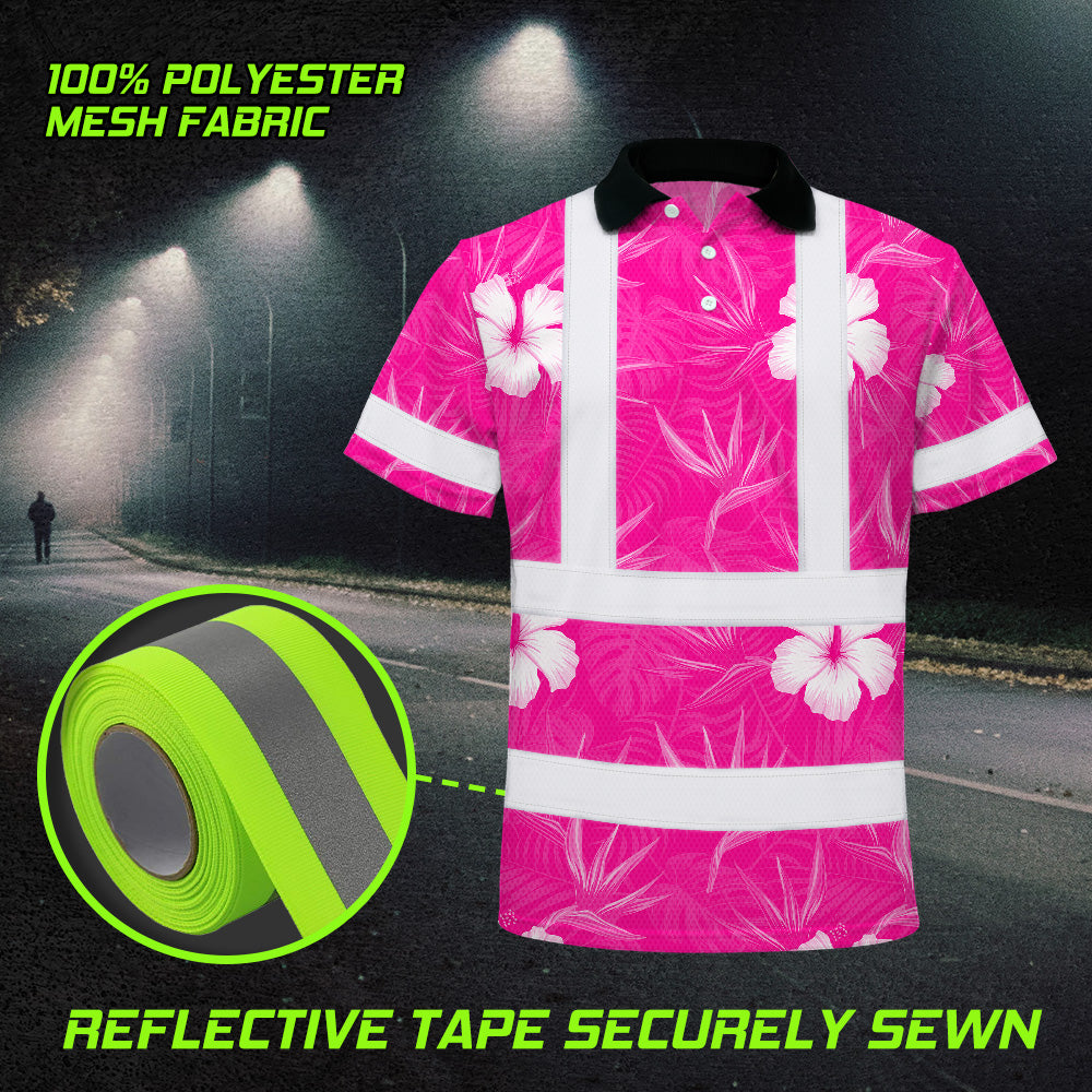 Hi Vis Polo Shirt Reflective Tapes Pink Neon Flowers Custom Name Safety Workwear For Workers, Truckers, Operators