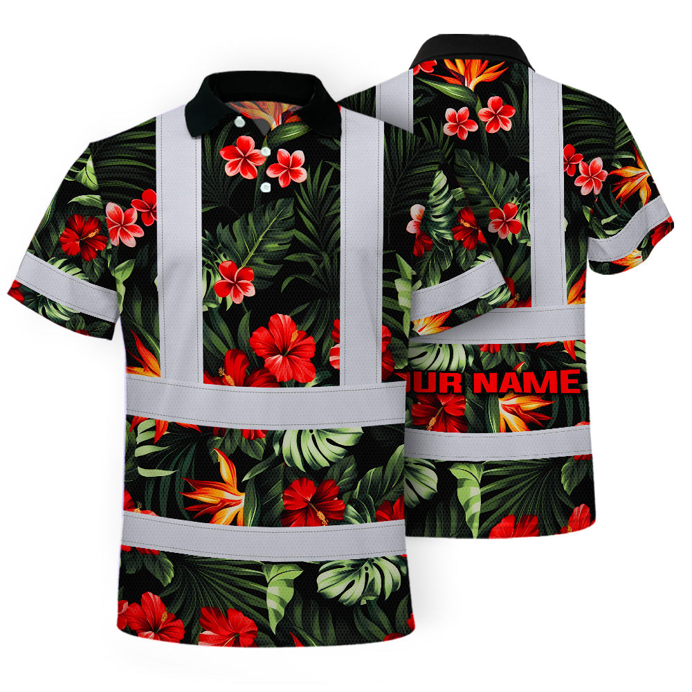 Hi Vis Polo Shirt Reflective Tapes Red Neon Flowers Custom Name Safety Workwear For Workers, Truckers, Operators