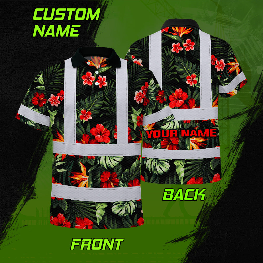 Hi Vis Polo Shirt Reflective Tapes Red Neon Flowers Custom Name Safety Workwear For Workers, Truckers, Operators
