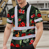 Hi Vis Polo Shirt Reflective Tapes Red Neon Flowers Custom Name Safety Workwear For Workers, Truckers, Operators