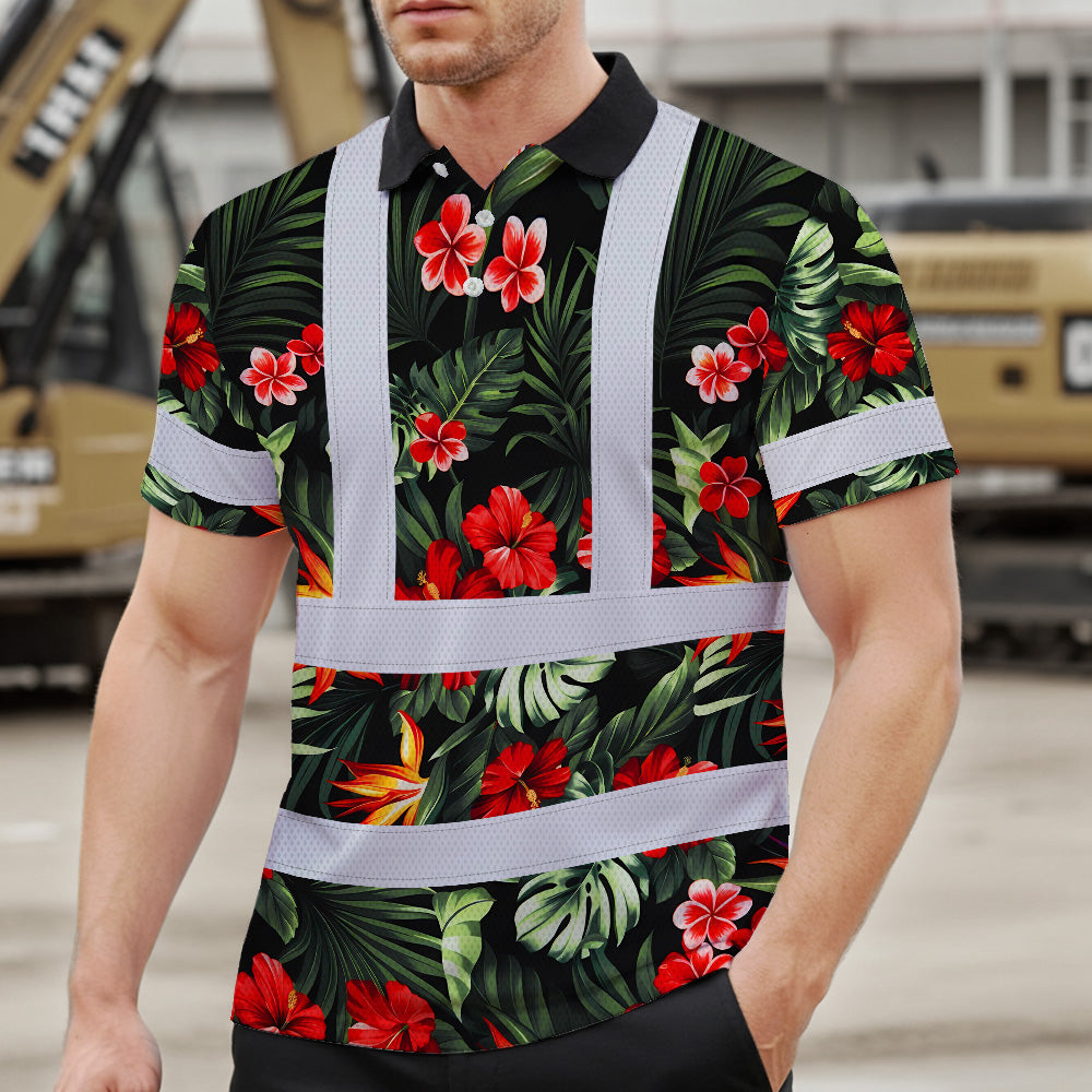 Hi Vis Polo Shirt Reflective Tapes Red Neon Flowers Custom Name Safety Workwear For Workers, Truckers, Operators