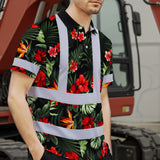 Hi Vis Polo Shirt Reflective Tapes Red Neon Flowers Custom Name Safety Workwear For Workers, Truckers, Operators