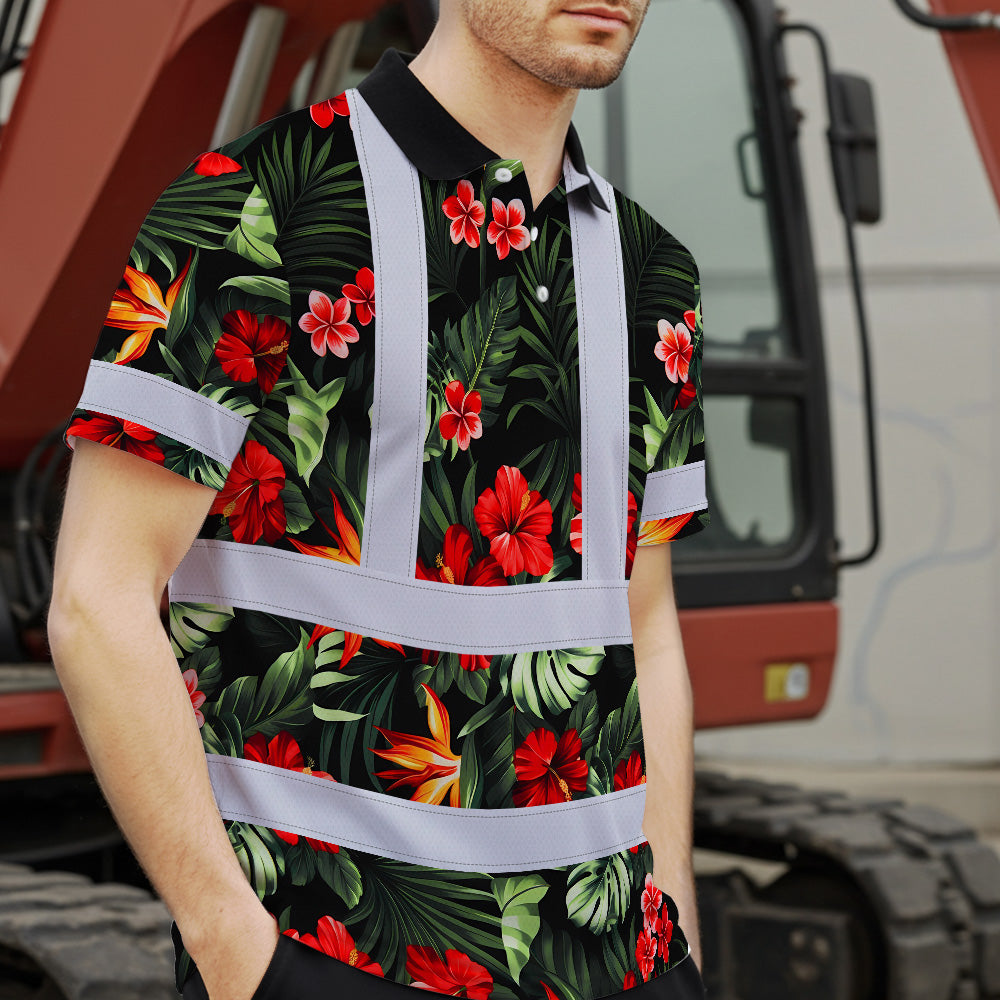 Hi Vis Polo Shirt Reflective Tapes Red Neon Flowers Custom Name Safety Workwear For Workers, Truckers, Operators
