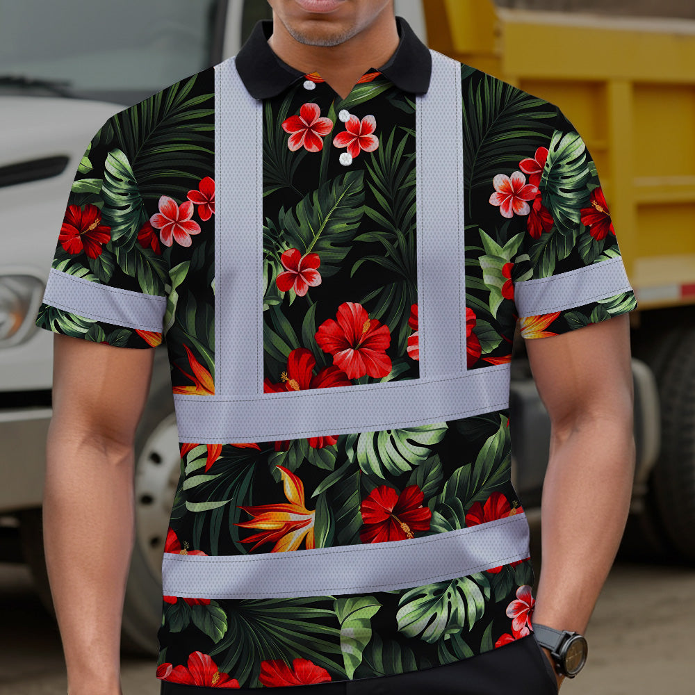 Hi Vis Polo Shirt Reflective Tapes Red Neon Flowers Custom Name Safety Workwear For Workers, Truckers, Operators