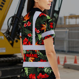 Hi Vis Polo Shirt Reflective Tapes Red Neon Flowers Custom Name Safety Workwear For Workers, Truckers, Operators