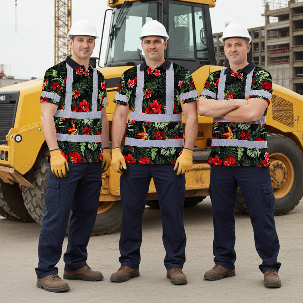Hi Vis Polo Shirt Reflective Tapes Red Neon Flowers Custom Name Safety Workwear For Workers, Truckers, Operators