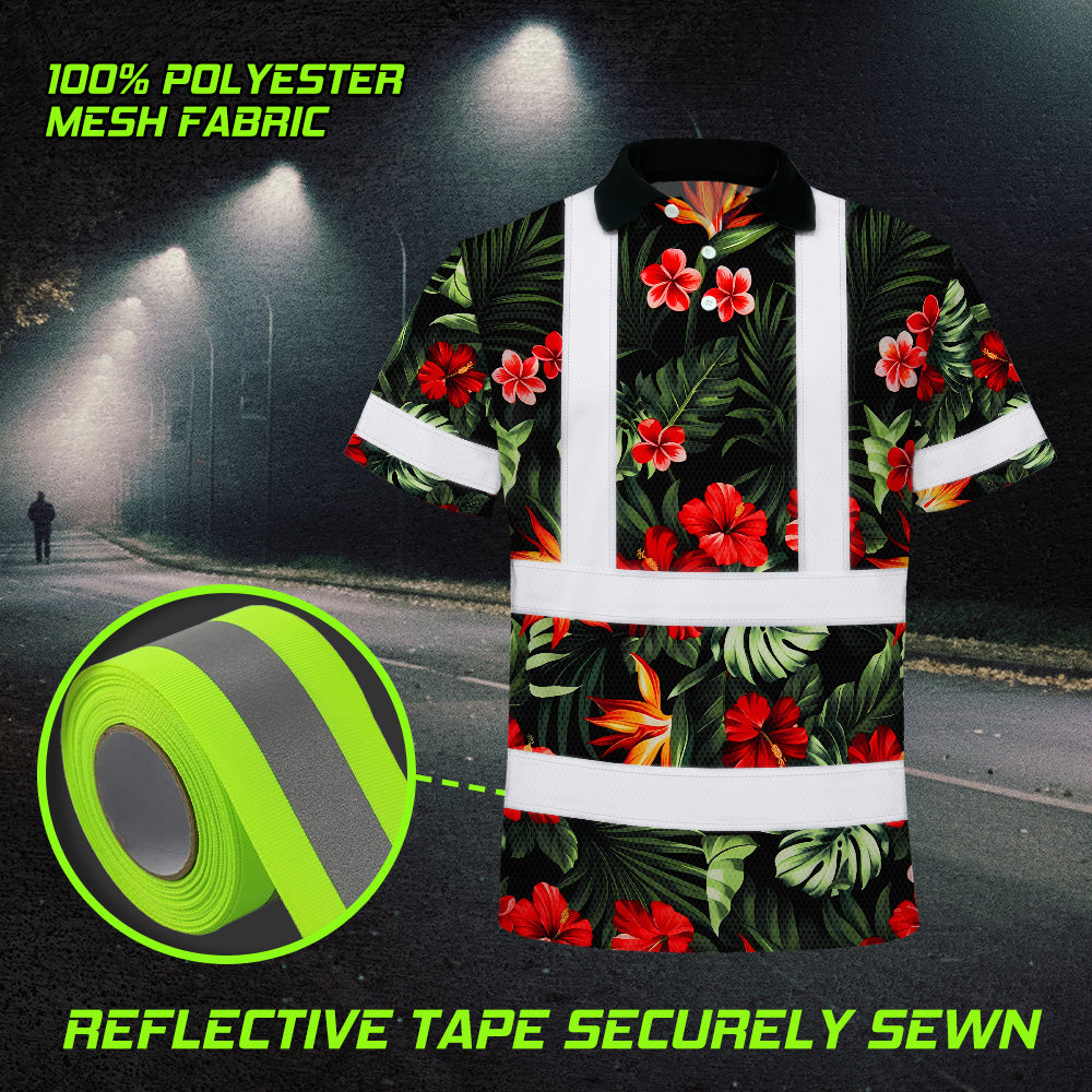 Hi Vis Polo Shirt Reflective Tapes Red Neon Flowers Custom Name Safety Workwear For Workers, Truckers, Operators