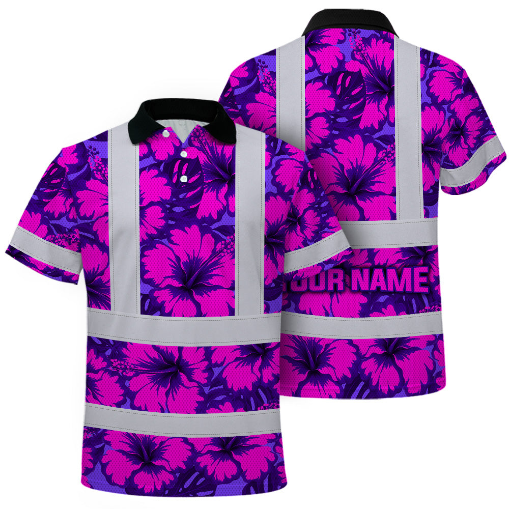 Hi Vis Polo Shirt Reflective Tapes Violet Neon And Pink Flowers Custom Name Safety Workwear For Workers, Truckers, Operators