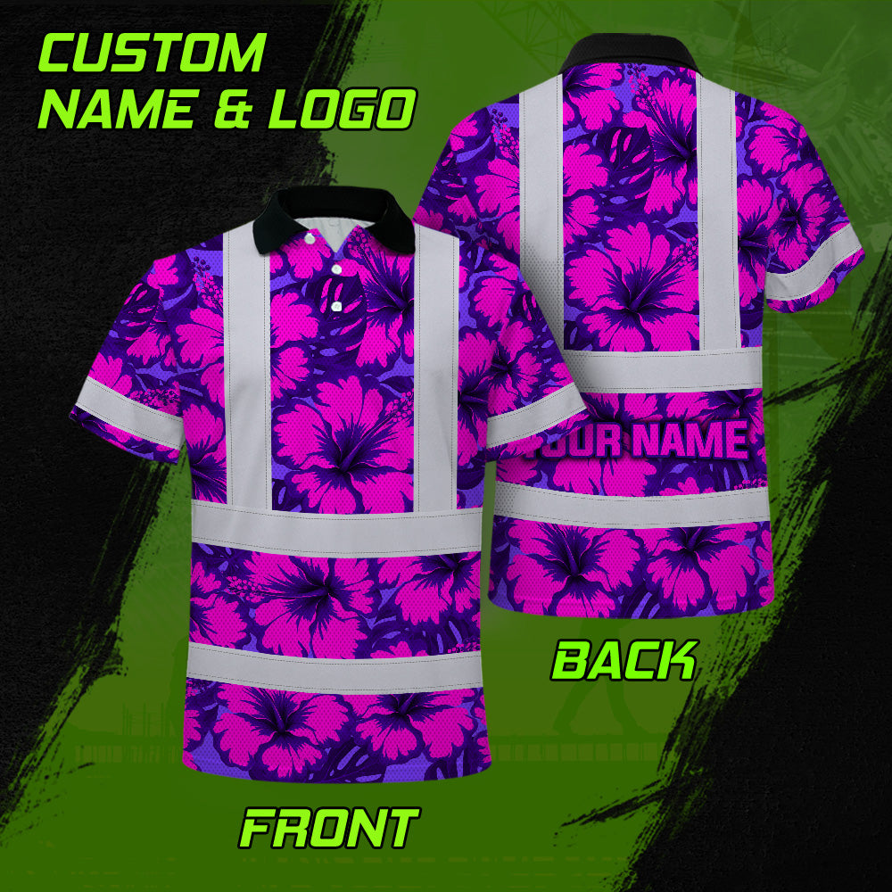 Hi Vis Polo Shirt Reflective Tapes Violet Neon And Pink Flowers Custom Name Safety Workwear For Workers, Truckers, Operators