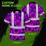 Hi Vis Polo Shirt Reflective Tapes Violet Neon And Pink Flowers Custom Name Safety Workwear For Workers, Truckers, Operators