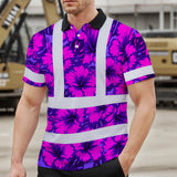 Hi Vis Polo Shirt Reflective Tapes Violet Neon And Pink Flowers Custom Name Safety Workwear For Workers, Truckers, Operators