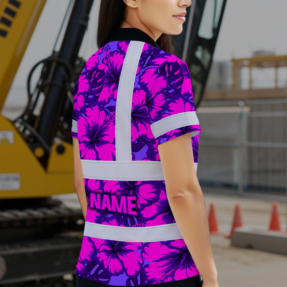 Hi Vis Polo Shirt Reflective Tapes Violet Neon And Pink Flowers Custom Name Safety Workwear For Workers, Truckers, Operators