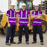 Hi Vis Polo Shirt Reflective Tapes Violet Neon And Pink Flowers Custom Name Safety Workwear For Workers, Truckers, Operators