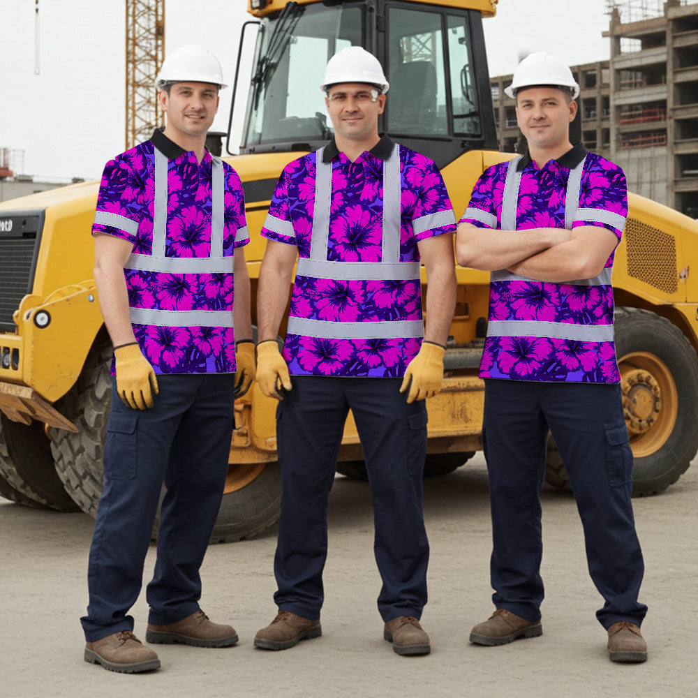 Hi Vis Polo Shirt Reflective Tapes Violet Neon And Pink Flowers Custom Name Safety Workwear For Workers, Truckers, Operators