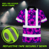 Hi Vis Polo Shirt Reflective Tapes Violet Neon And Pink Flowers Custom Name Safety Workwear For Workers, Truckers, Operators