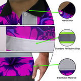 Hi Vis Polo Shirt Reflective Tapes Violet Neon And Pink Flowers Custom Name Safety Workwear For Workers, Truckers, Operators