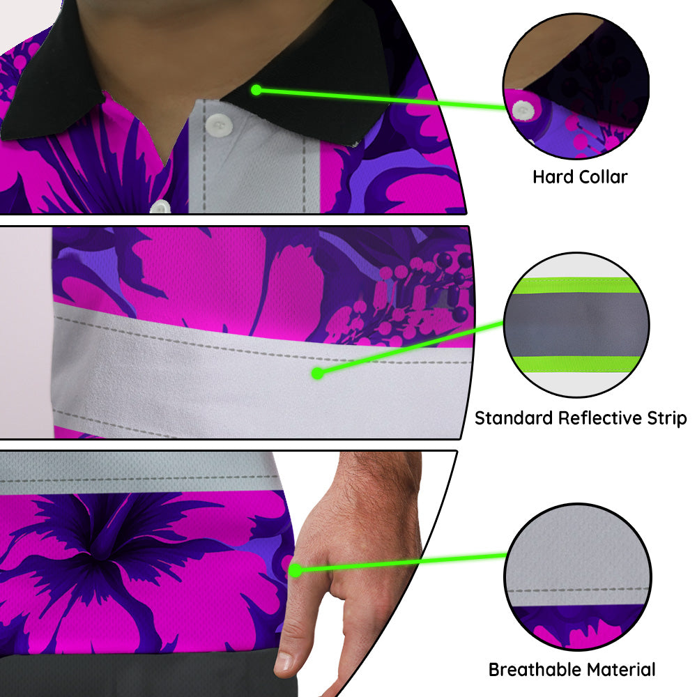 Hi Vis Polo Shirt Reflective Tapes Violet Neon And Pink Flowers Custom Name Safety Workwear For Workers, Truckers, Operators