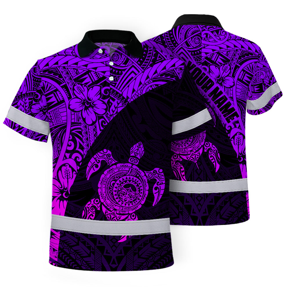 Hi Vis Polo Shirt Reflective Tapes Violet Neon Turtle Hawaiian Polynesian Tribal