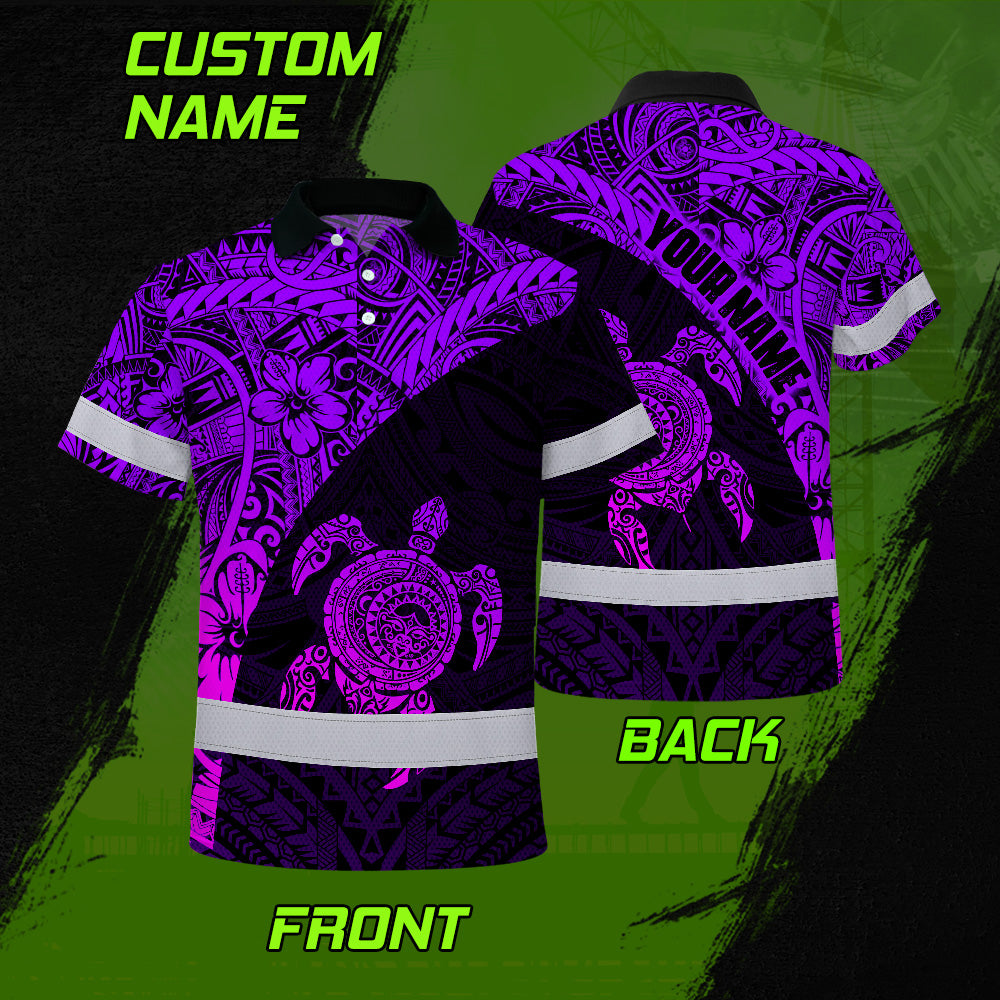 Hi Vis Polo Shirt Reflective Tapes Violet Neon Turtle Hawaiian Polynesian Tribal
