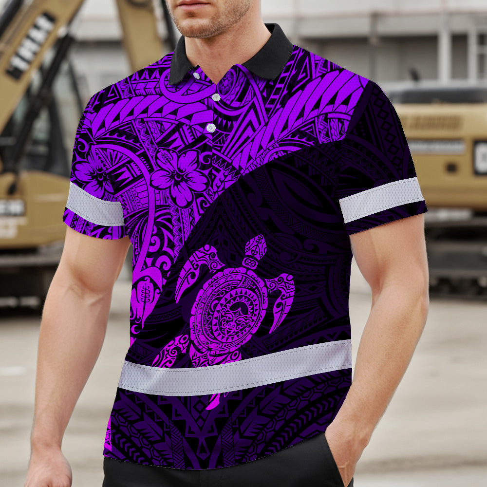 Hi Vis Polo Shirt Reflective Tapes Violet Neon Turtle Hawaiian Polynesian Tribal