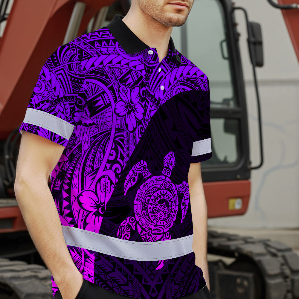 Hi Vis Polo Shirt Reflective Tapes Violet Neon Turtle Hawaiian Polynesian Tribal