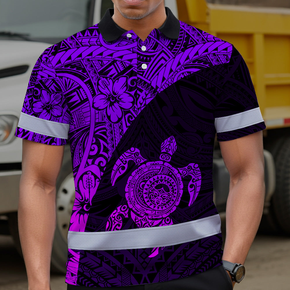 Hi Vis Polo Shirt Reflective Tapes Violet Neon Turtle Hawaiian Polynesian Tribal