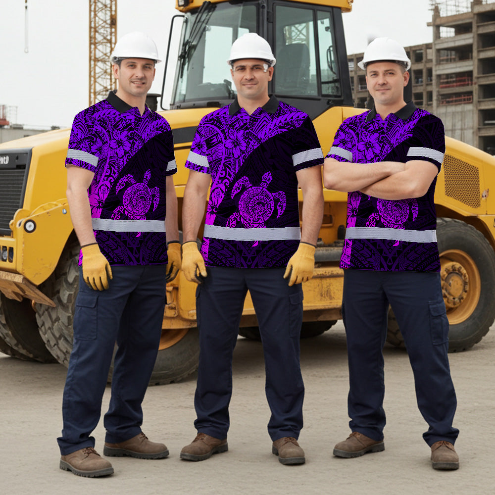 Hi Vis Polo Shirt Reflective Tapes Violet Neon Turtle Hawaiian Polynesian Tribal