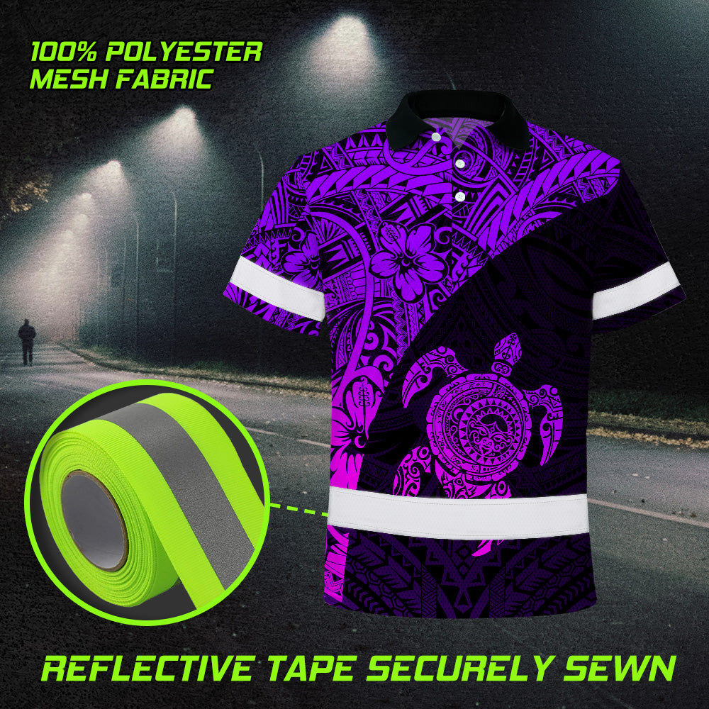 Hi Vis Polo Shirt Reflective Tapes Violet Neon Turtle Hawaiian Polynesian Tribal