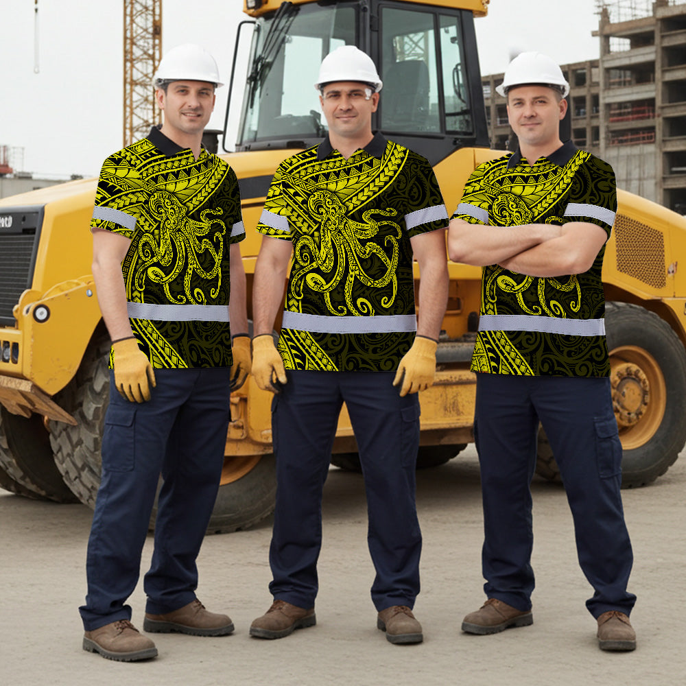 Hi Vis Polo Shirt Reflective Tapes Yellow Neon Hawaii Octopus Custom