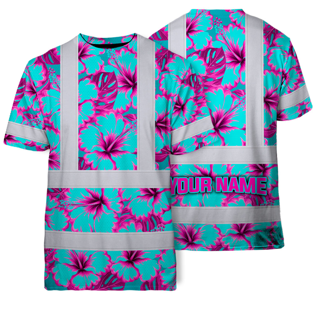 Hi Vis Shirt Reflective Tapes Blue Neon And Pink Flowers Custom Name Safety Workwear For Workers, Truckers, Operators