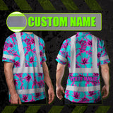 Hi Vis Shirt Reflective Tapes Blue Neon And Pink Flowers Custom Name Safety Workwear For Workers, Truckers, Operators