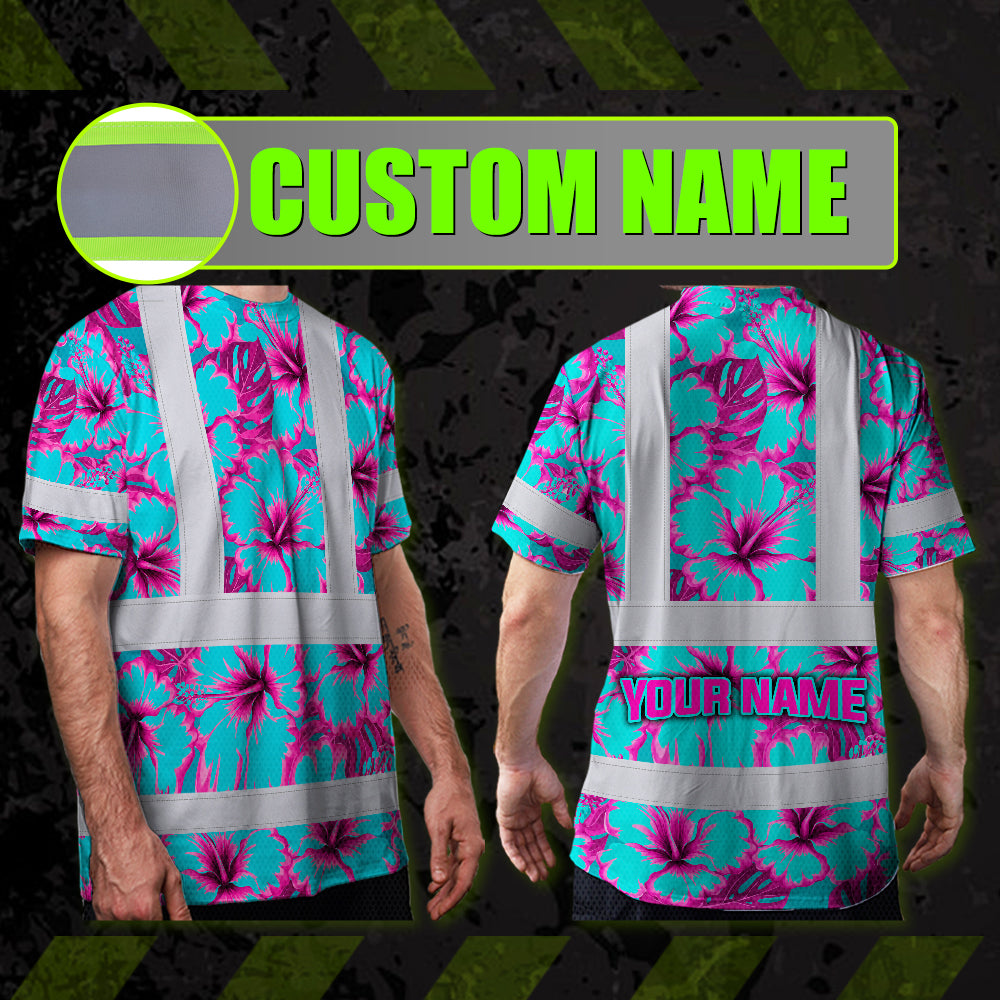 Hi Vis Shirt Reflective Tapes Blue Neon And Pink Flowers Custom Name Safety Workwear For Workers, Truckers, Operators