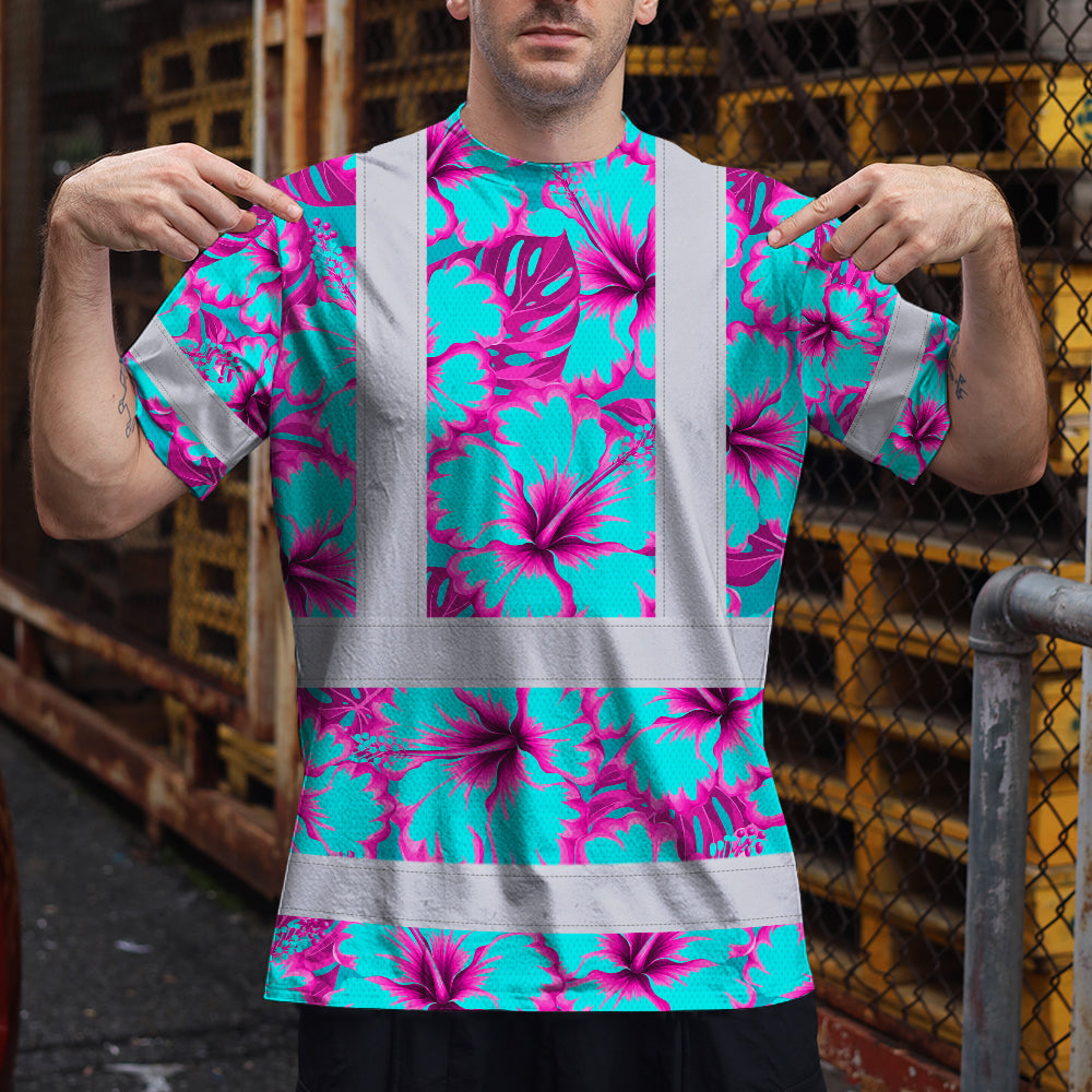Hi Vis Shirt Reflective Tapes Blue Neon And Pink Flowers Custom Name Safety Workwear For Workers, Truckers, Operators
