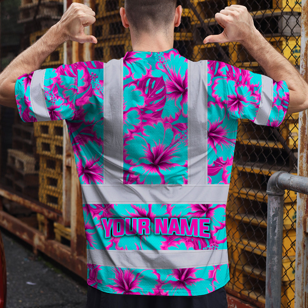 Hi Vis Shirt Reflective Tapes Blue Neon And Pink Flowers Custom Name Safety Workwear For Workers, Truckers, Operators