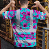 Hi Vis Shirt Reflective Tapes Blue Neon And Pink Flowers Custom Name Safety Workwear For Workers, Truckers, Operators