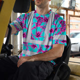 Hi Vis Shirt Reflective Tapes Blue Neon And Pink Flowers Custom Name Safety Workwear For Workers, Truckers, Operators