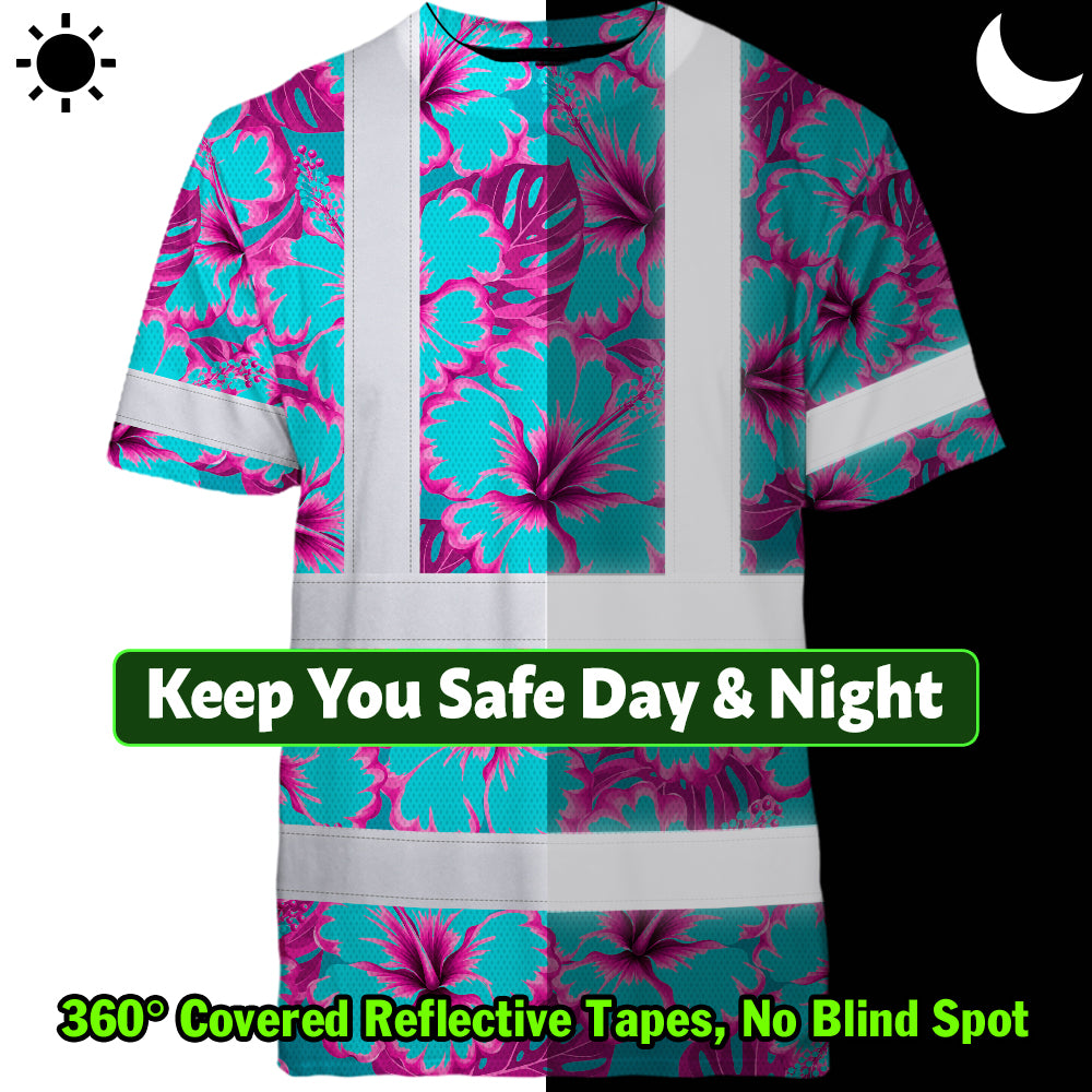 Hi Vis Shirt Reflective Tapes Blue Neon And Pink Flowers Custom Name Safety Workwear For Workers, Truckers, Operators