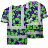 Hi Vis Shirt Reflective Tapes Green Neon And Violet Flowers Custom Name Safety Workwear For Workers, Truckers, Operators