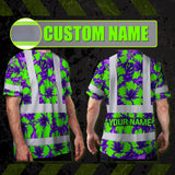 Hi Vis Shirt Reflective Tapes Green Neon And Violet Flowers Custom Name Safety Workwear For Workers, Truckers, Operators