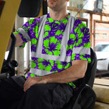 Hi Vis Shirt Reflective Tapes Green Neon And Violet Flowers Custom Name Safety Workwear For Workers, Truckers, Operators
