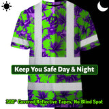 Hi Vis Shirt Reflective Tapes Green Neon And Violet Flowers Custom Name Safety Workwear For Workers, Truckers, Operators