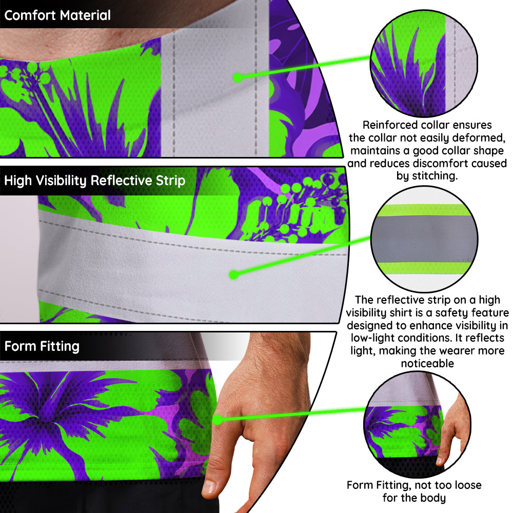 Hi Vis Shirt Reflective Tapes Green Neon And Violet Flowers Custom Name Safety Workwear For Workers, Truckers, Operators