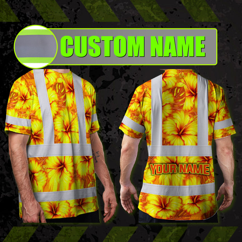 Hi Vis Shirt Reflective Tapes Orange Neon And Yellow Flowers Custom Name Safety Workwear For Workers, Truckers, Operators